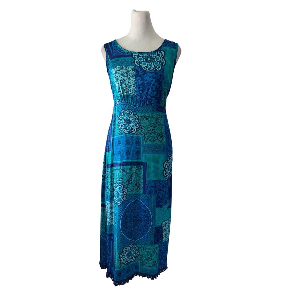 Vintage ‘90s Dressing Clio Blue & Teal Belted Ruffled Hem Sleeveless Maxi Dress